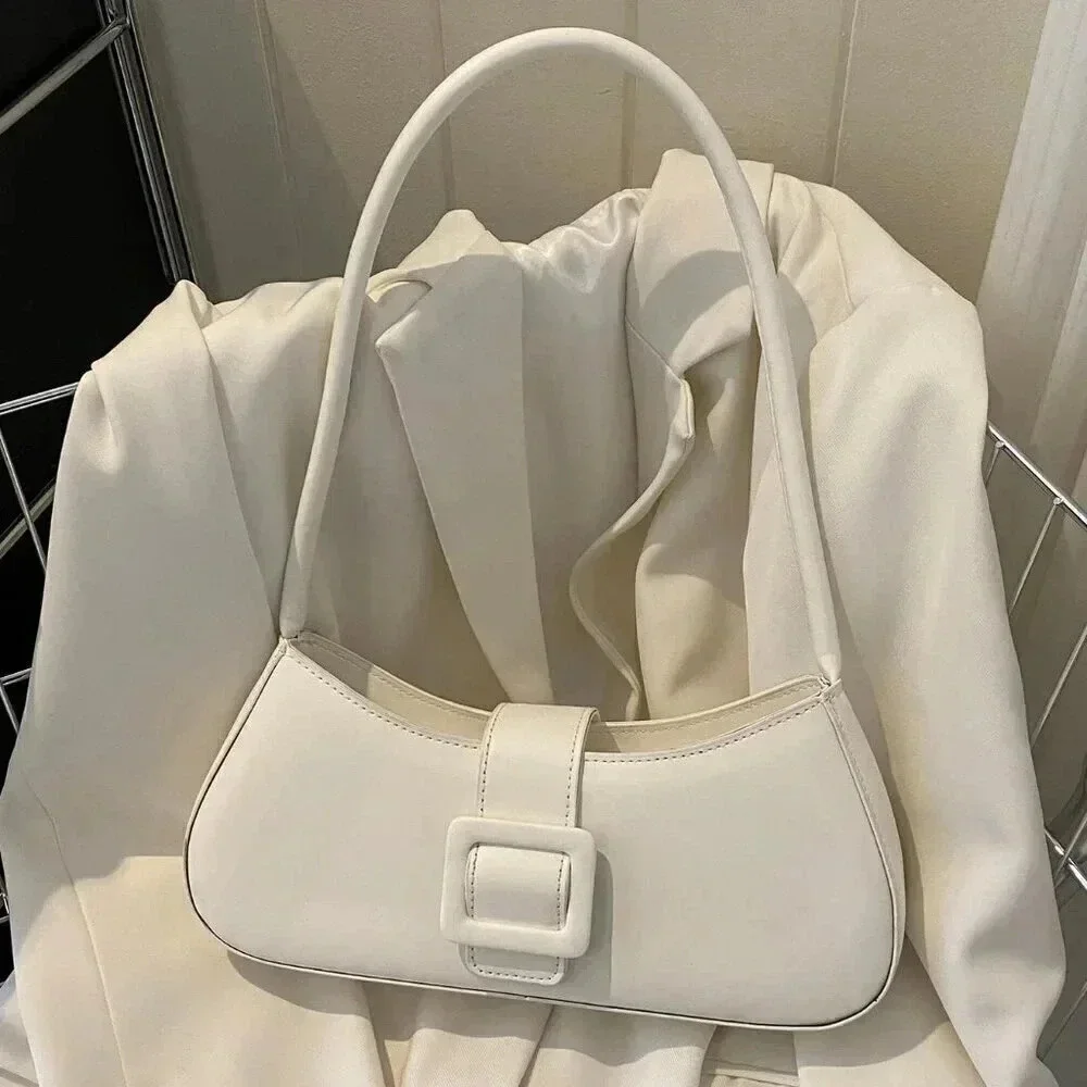 White Casual Women's Belt Buckle Handbag Summer Shoulder Bag